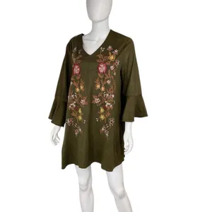 Umgee Boho Dark Green Floral Embroidered Faux Suede‎ Ruffle Sleeve Tunic Dress L thumbnail 3