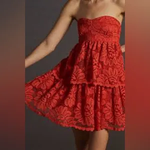 Maeve Anthropologie Strapless Red Lace Dress Size XS‎ EUC thumbnail 3