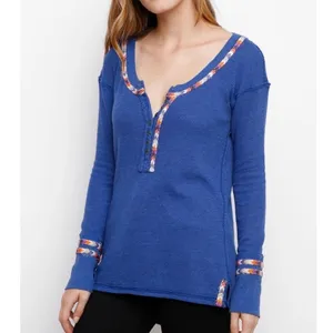 Free People "We the Free" Blue Rainbow Embroidered Henley Thermal Top size S thumbnail 3