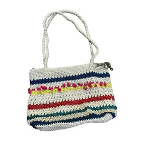 The Sak Crocheted Shoulder Bag‎ Medium Handbag Stripes with pink pom pom row thumbnail 5