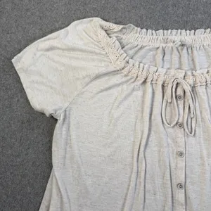 Cato Women's Large Beige Short Sleeve Peasant Blouse Ruffled Hem Button Front thumbnail 3