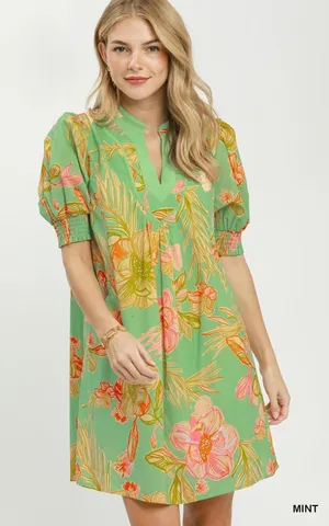 Umgee Botanical Print Dress with Smocked Cuffs - Mint - Small thumbnail 1