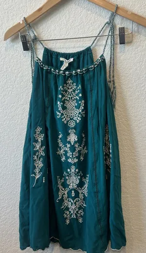 Forever 21 Blue Green Teal White Lace Embroidered Boho Bohemian Flowy Summer Mini Dress thumbnail 3