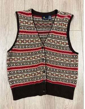 Vintage Lizsport Fair Isle Sweater Vest Brown Red Cotton Blend Button Front M thumbnail 1