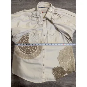 Pilcro Anthropologie XS Shirt Crochet Lace Patchwork‎ Denim Cream Puff Sleeve thumbnail 6