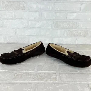 UGG Ansley Moccasin Slippers Womens 10 Brown Suede Shearling Fur Lined Zip Charm thumbnail 11