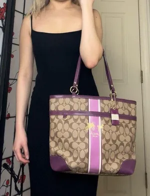 Vintage Brown Coach Signature Plum Berry Heritage Stripe Tote Shoulder-Bag Purse thumbnail 1