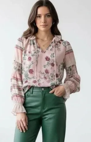 REVOLVE Misa Los Angeles Revolve Pink Green Floral Bohemian Blouse XS thumbnail 1