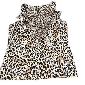 Milano size large leopard print sleeveless blouse with ruffles EUC Tan thumbnail 1