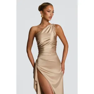 NWT Babyboo Ariel Champagne Gold Satin One Shoulder Formal Maxi Dress Size Small thumbnail 4