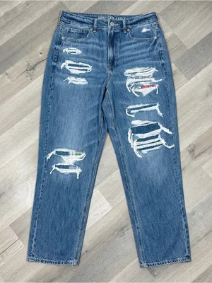 American Eagle Distressed Patched Mom Straight Jeans‎ Blue 10 High Waist thumbnail 5