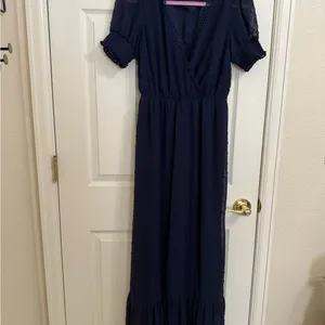 Lulus Falling Into You Navy Blue Swiss Dot Tiered Maxi Dress - Size Medium thumbnail 6