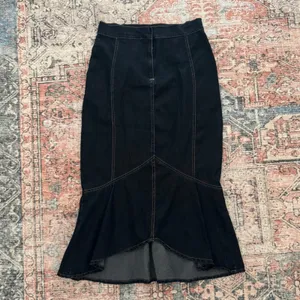Dark Wash Denim Mermaid Midi Skirt Flounce Hem Contrast Stitch Indigo Size M thumbnail 3