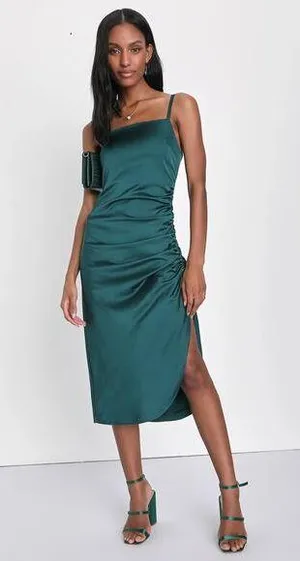 NWT - Lulus Bonafide Babe Emerald Satin Sleeveless Ruched Midi Dress!- Size S thumbnail 1