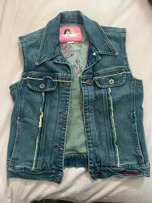 Fiorucci Blue Denim Sleeveless Vest Floral Embroidery with Pink Label thumbnail 1