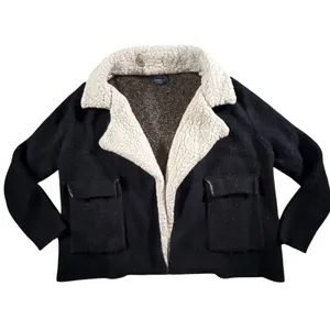 Zara Knit Womens M Black Cream Sherpa Collar Open Front Jacket Cardigan Textured thumbnail 2