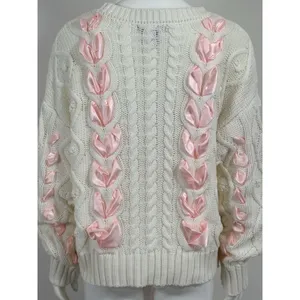 Women’s Ivory Chunky Cable Knit Sweater Pink Ribbon Bow Oversized Himekaji L thumbnail 8