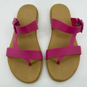 Crocs Tulum Toe Post Sandal Flip Flop Fuchsia Pink Tan Women 7 Buckle Straps thumbnail 3