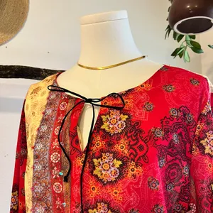 Laura G. Y2K Patchwork Long Sleeve Printed Bow Tie Indie Boho Blouse Size XL USA thumbnail 2