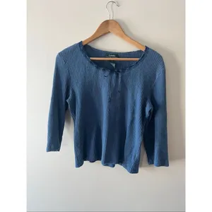 Lauren Ralph Lauren Blue Waffle Knit y2k 100% Cotton blouse L Lace Trim coquette thumbnail 3