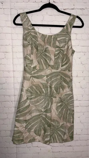 Japna Green Tropical‎ Monstera Leaf Print Smocked Back Mini Flax Cotton Dress SM thumbnail 1