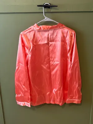 Coral Satin Button Front Pajama Set Pink Size L thumbnail 3