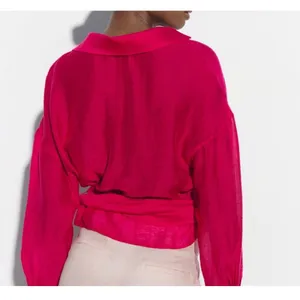 Zara Wrap Top Sz S Hot‎ Pink Semi-Sheer Collared Ballet Fairy Feminine Blouse thumbnail 3