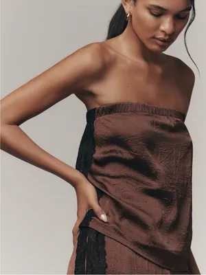 Anthropologie Strapless Textured Top with Black Lace Trim thumbnail 1