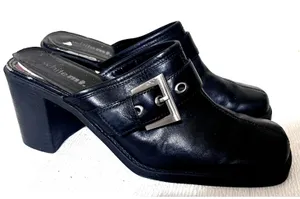 White Mountain Bretta Black Leather Mules Square Toe Buckle Chunky Heel Clogs 8M thumbnail 1