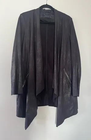 Zara Faux Suede Draped Jacket Large Black Waterfall Open Front Minimalist Chic thumbnail 1