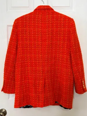 Zara Orange Bouclé Tweed Blazer Gold Button Preppy Quiet Luxury Old Money Size L thumbnail 3