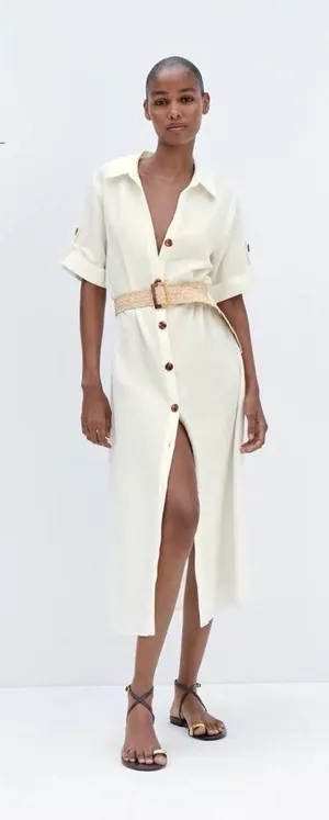 ZARA Cream Button-Front Midi Shirt Dress with Woven Belt thumbnail 1
