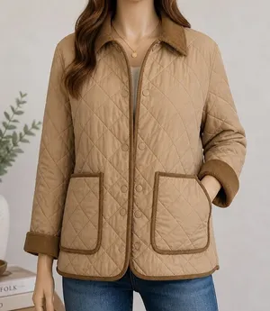 H&M Womens Quilted Jacket Tan Corduroy Trim Barn Coat‎ Small thumbnail 1