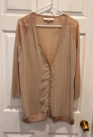 Ann Taylor LOFT Womens Large‎ Tan Mixed Media Button Front Cardigan Sweater thumbnail 1