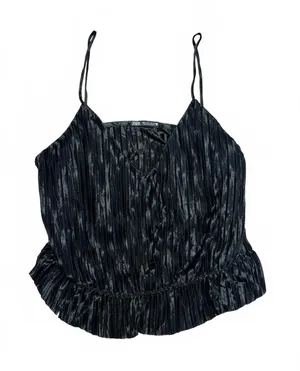 Zara NWT Black Pleated Tiered Cami Top Spaghetti Strap Peplum Camisole Size L thumbnail 1