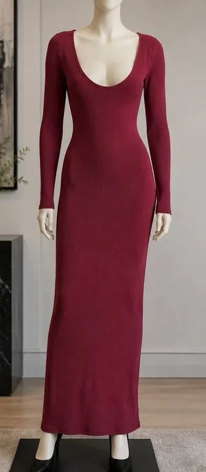 SKIMS Women Maxi Dress Burgundy Ribbed Soft Lounge Scoop Neck S thumbnail 1