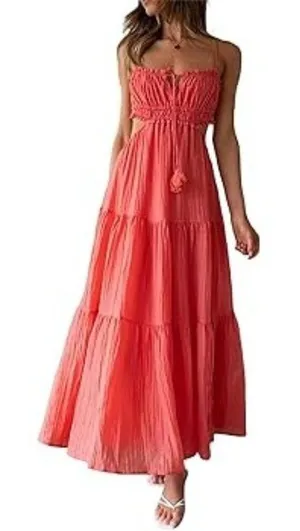 Boutique Coral Backless Layered‎ Tiered Maxi Dress S thumbnail 1