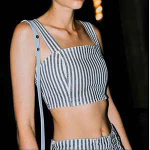 NWT Zara Striped Denim Crop Top in‎ Blue White Size Extra Small thumbnail 7