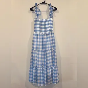 Cellecci Blue Gingham Smocked Tie Strap Tiered Midi Dress Size M thumbnail 7