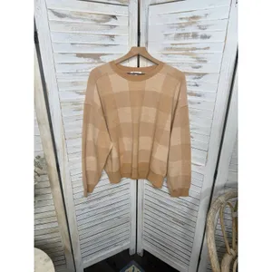 MADEWELL Women's XL Merinol Wool Windowpane Plaid Pullover Sweater Camel Tan thumbnail 2