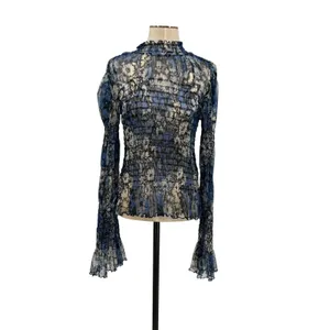 Free People Hello There Top‎ Blouse Smocked Flare Sleeve Mesh Floral Blue Large thumbnail 3