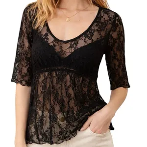 Buckle Black Sheer Lace Top‎ Small Babydoll Goth Fairy Grunge Y2K Short Sleeve Blouse thumbnail 1