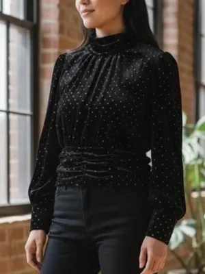 ZARA Velvet Metallic Long Sleeve‎ Crop Top Women's Size S Black Party Glam thumbnail 1