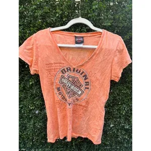 Harley-Davidson Womens‎ V-Neck Graphic Tee Orange Acid Wash Viking Land Small thumbnail 2