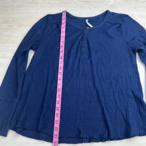 Anthropologie Navy Blue Waffle Knit Henley Long Sleeve Top Small SKU-A341 thumbnail 8