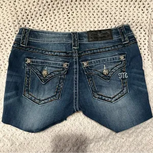 Miss Me Women Cut Off Shorts sz 27 Blue Denim Bling Distressed used to be long thumbnail 5