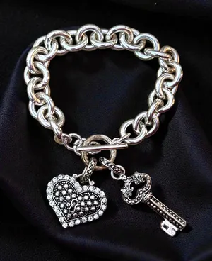 Chunky silver tone heart and skeleton key charm toggle bracelet thumbnail 1