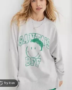 aerie Light Gray Crewneck Sweatshirt with Green 'Santas BFF’ Graphic thumbnail 1