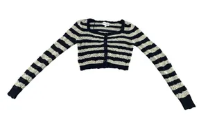 Striped Cropped Button-Front Cardigan in Black and Cream thumbnail 1