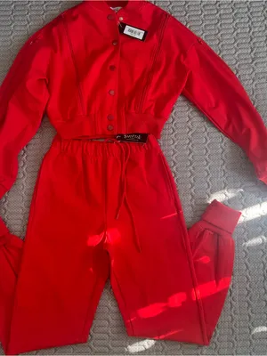 SWANK Red Cropped Jacket & Jogger Sweatpants Set thumbnail 3
